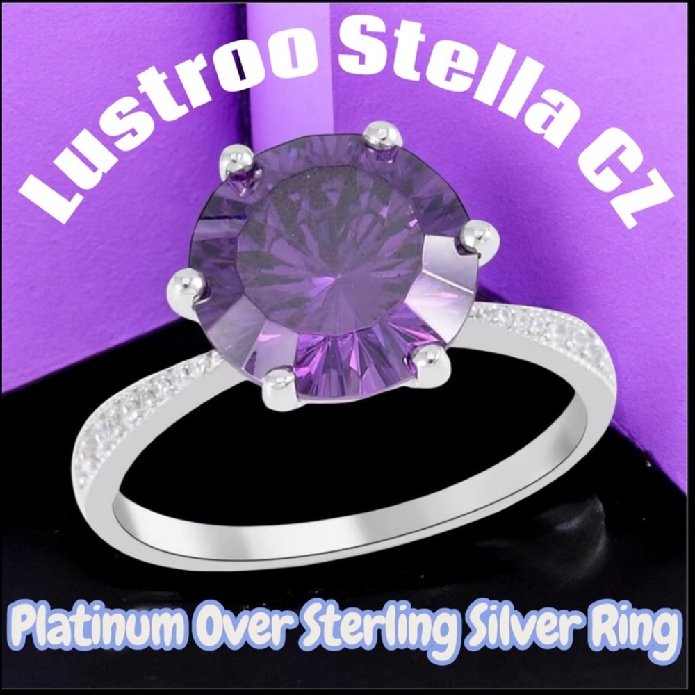 Lustro Stella Concave Cut Purple & White CZ Ring Platinum Over Sterling Silver